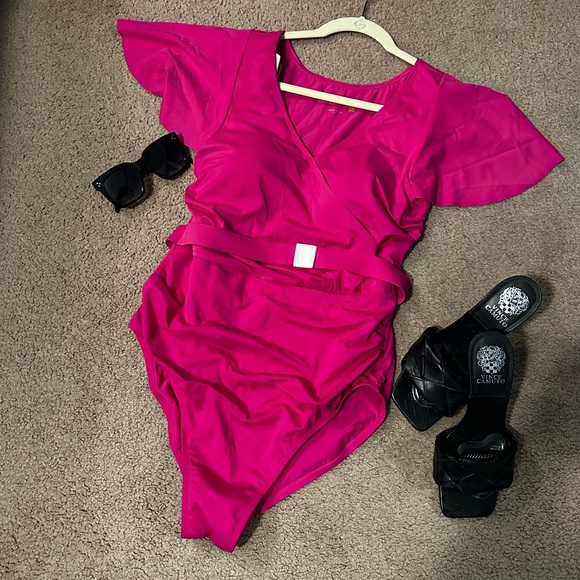 AmberNoon II by Dr. Erum Ilyas UPF 50 Flutter Sleeve One-Piece Berry Fuchsia - Picture 2 of 9